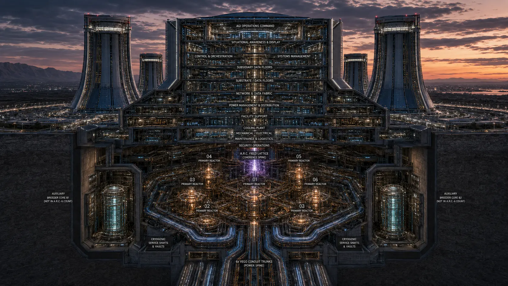 A.R.C.-6 complex vertical cutaway showing reactor pit and monolith